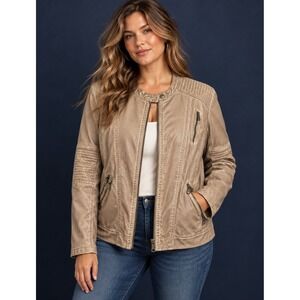 Maurices Moto Jacket Women Size 3X Beige Faux Leather Quilted Zip Biker Coat